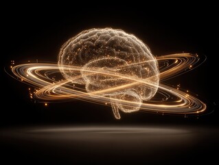 Rendered brain glowing with light and surrounded by swirling golden energy rings