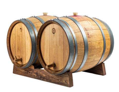 Two wooden wine barrels on a stand