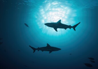 Fototapeta premium Shark Silhouettes in the Deep Ocean