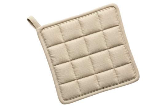 Beige fabric kitchen potholder with quilted pattern isolated with transparent background