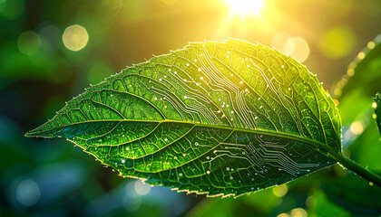 Nature's Tech Fusion: A radiant leaf, kissed by the sun, is intricately overlaid with digital circuits, showcasing the innovative blend of technology and the environment. 