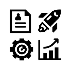 Business startup strategy showing document, rocket, gear, graph