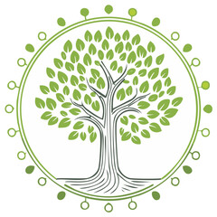 Stylized green tree with circular border and leaf accents