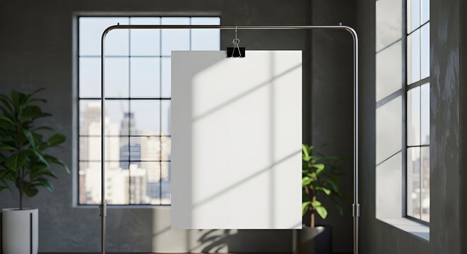 Modern interior featuring a blank white poster hanging from a metal rack with a binder clip, set against a blurred cityscape backdrop and complemented by indoor plants, minimalist interior,