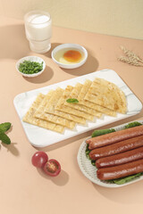 Handmade Buttermilk Pancakes Display with Sausages and Fresh Ingredients Breakfast Food Photography Picture