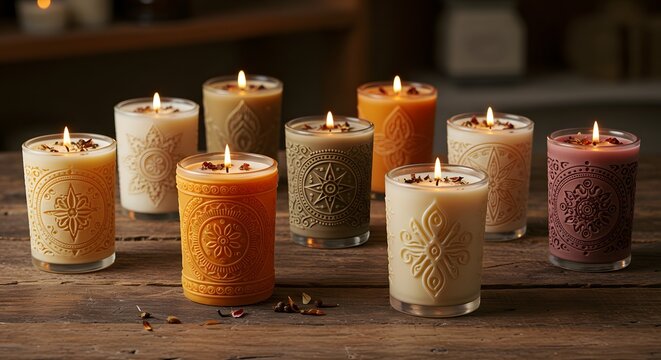 Scented candles on wooden table