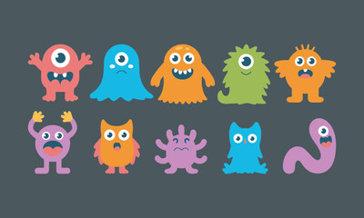 Cute Little Monsters Cartoon Set, Colorful Alien, Ghost, and Funny Creature Illustrations, vector
