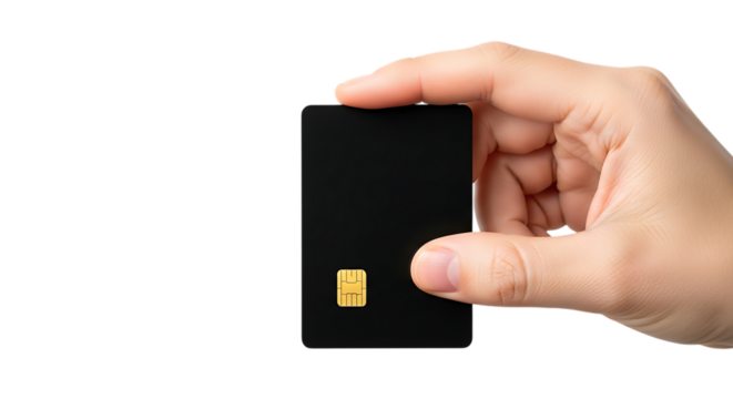 Hand holding a black credit card on a dark background mockup