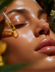 Young woman applying facial oil with dropper while relaxing outdoors  