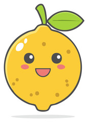Obraz premium Smiling Yellow Lemon Fruit Kawaii Character with Green Leaf Cartoon cheerful freshness