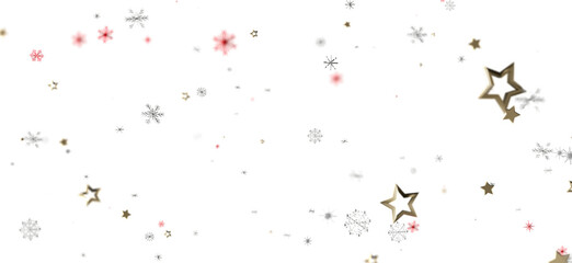 Elegant Christmas design featuring falling snowflakes and golden stars on a bright white backdrop....