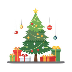A decorated Christmas tree with holiday gifts and presents in boxes beneath it, ready for the winter celebration of New Year