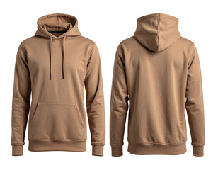 Front and back view of a light brown hoodie