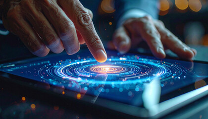 Digital Interface at Fingertips: A close-up view shows a person's finger interacting with a tablet displaying a cutting-edge digital interface.