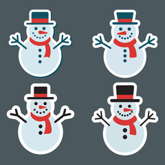 Cute Snowman Sticker Icons with Top Hat and Red Scarf, vector illustration