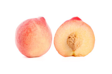 Fresh Ripe Peach Cut in Half Isolated on White Background