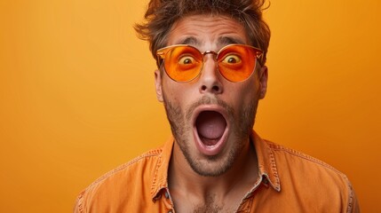 A young man wearing orange glasses and a shirt with a surprised expression on his face
Used to illustrate strong emotions, unexpected situations, or reactions 