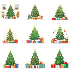 A vector set of green Christmas trees with star and ball decorations for a winter holiday celebration illustration set