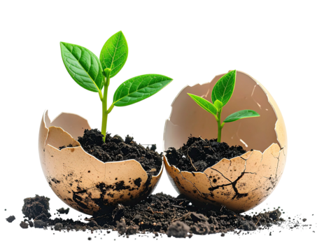 Two small plants sprouting from cracked eggshells in soil (1)