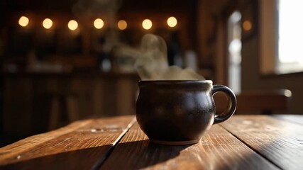 A warm cup of coffee steaming on a rustic wooden table. - Powered by Adobe