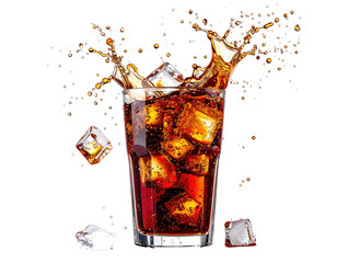 A glass of cola with ice cubes and a splash