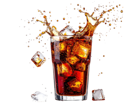 A glass of cola with ice cubes and a splash