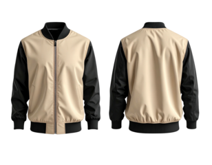 Beige and black bomber jacket.  Front and back views