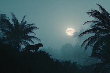 Majestic lion silhouette gazing at a full moon in a tropical forest under a misty sky, evoking feelings of mystery and adventure in the wild