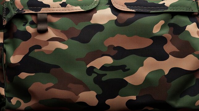 Detailed Close-Up of Classic Camouflage Fabric with Pockets, Featuring Green, Brown, and Black Pattern for Military, Hunting, or Fashion Designs