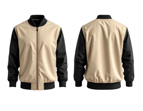 Beige and black bomber jacket.  Front and back views