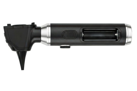 Medical otoscope for ear examination with open battery cover isolated with transparent background