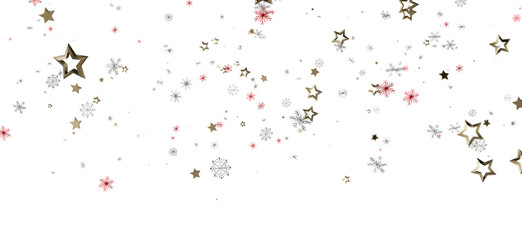 Elegant winter background with falling gold stars, snowflakes, and red accents on a white backdrop. Ideal for seasonal greetings and celebration