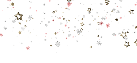 Elegant winter background with falling gold stars, snowflakes, and red accents on a white backdrop. Ideal for seasonal greetings and celebration