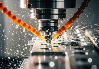 Close up of cnc milling machine cutting metal with coolant liquid