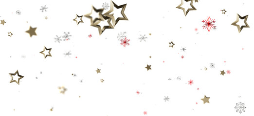 Festive abstract background with gold stars and snowflakes on white backdrop. Ideal for holiday designs, celebrations, and seasonal greeting car