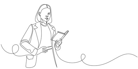 Minimalist line art illustration of a young woman holding a book. Editable line Vector eps