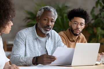 Senior Black accountant explains financial concepts to young colleagues Generative AI