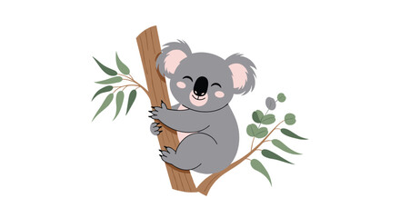 Obraz premium Cute koala bear hugging a eucalyptus tree branch with green leaves in a cartoon style.