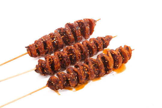 Handmade Roasted Gluten Skewers from Henan Province China - Traditional Spicy Street Food on White Background
