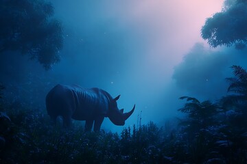 Majestic rhino standing peacefully in the magical moonlight jungle habitat at night offering a sense of wonder and the beauty of nature