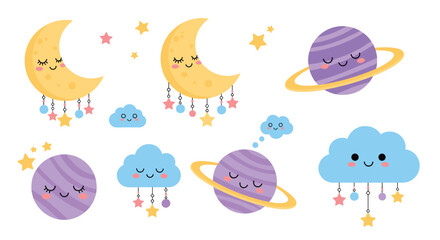 Fototapeta premium Cute cartoon moons planets and clouds in a starry sky.