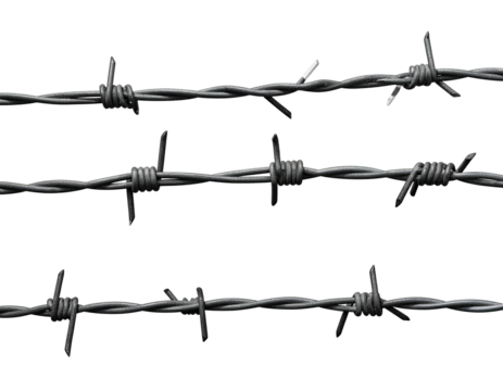Three parallel rows of barbed wire against a black background