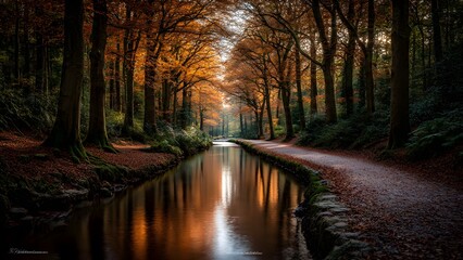 Enchanting autumn forest scene with golden light reflecting in the tranquil water, perfect for nature lovers and outdoor adventure enthusiasts