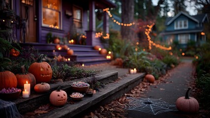 Enchanting Halloween night scene with carved pumpkins, candy, candles, and lights adorning a cozy home, creating a warm and inviting holiday atmosphere