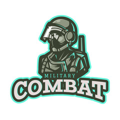 Military Combat Soldier Logo – Tactical Esports Emblem with Gas Mask and Radio Gear | Bold Typography and Green-Gray War Theme for Gaming Team Identity and Military Branding