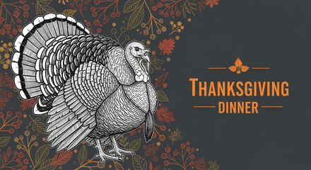 Detailed illustration of turkey amidst autumn leaves and berries, ideal for Thanksgiving dinner invitations or promotional materials, featuring ample free space for text