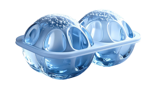 Two clear, ice-like spheres in a plastic holder