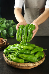 Fresh Green Tiger Peppers in Chef's Hands - Farm to Table Cooking Ingredients