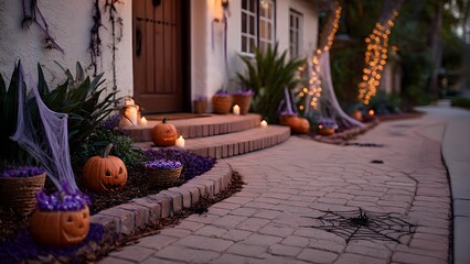 Charming Halloween night with glowing pumpkins and flickering candles leading to a cozy home, perfect for festive holiday celebrations