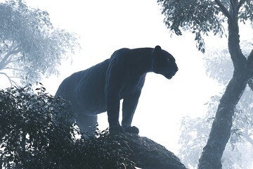 Powerful black panther surveying misty forest from tree branch, a symbol of strength and mystery, perfect for wildlife or adventure campaigns